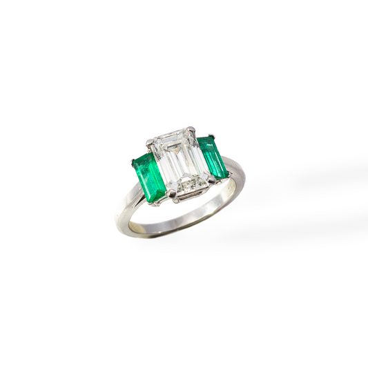 2.78ct Emerald Cut Diamond And Baguette Cut Emerald Three Stone Ring