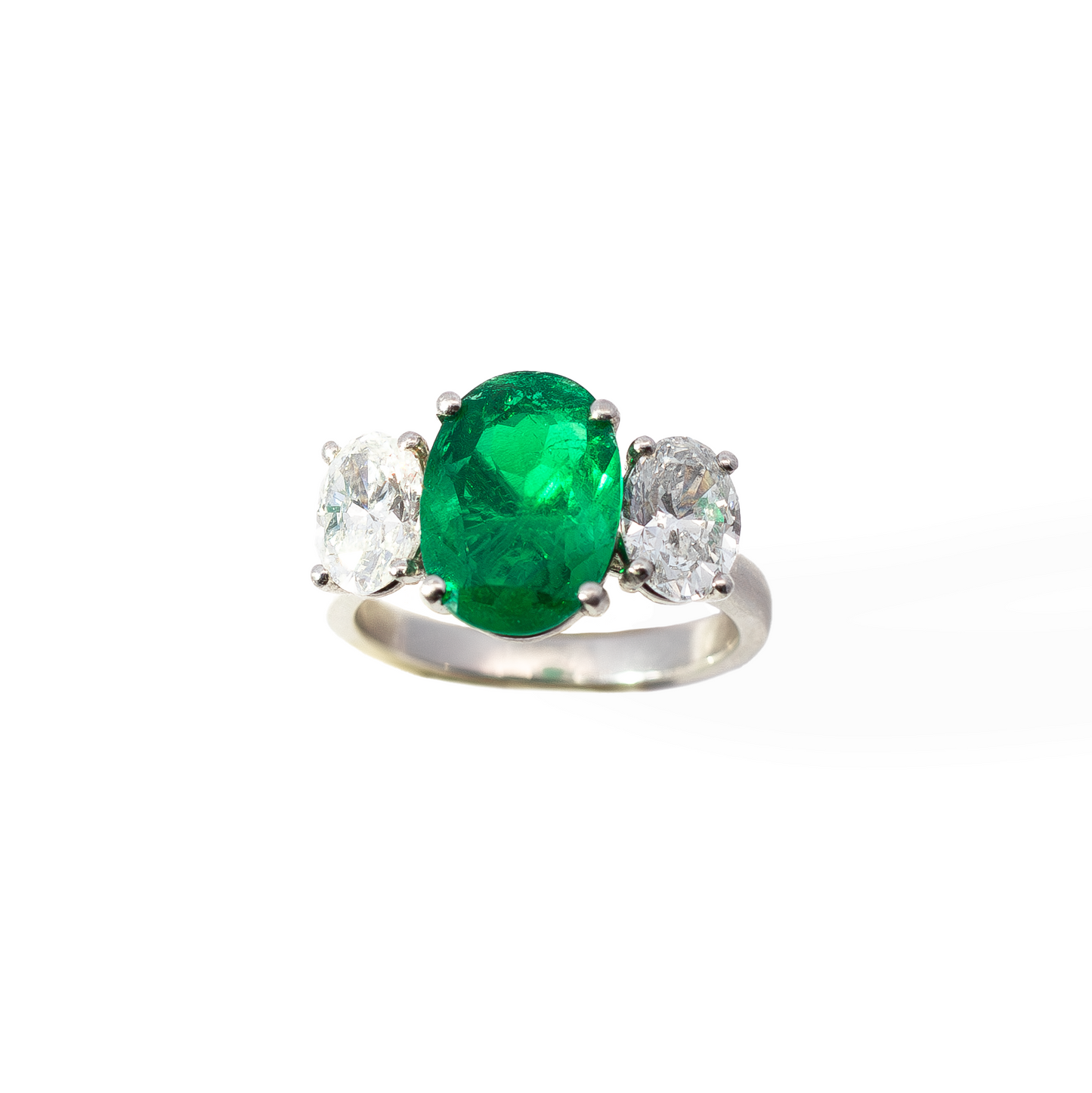 2.60ct Certified Colombian Oval Cut Emerald And Oval Diamond Three Stone Ring