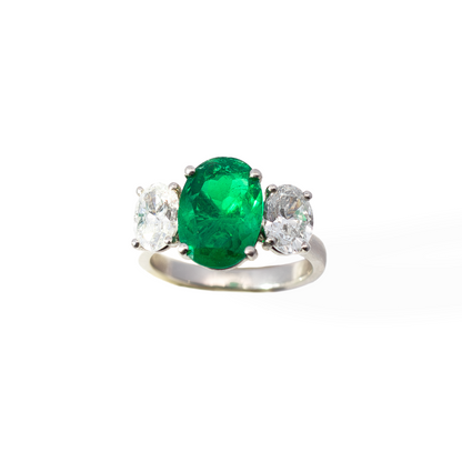 2.60ct Certified Colombian Oval Cut Emerald And Oval Diamond Three Stone Ring