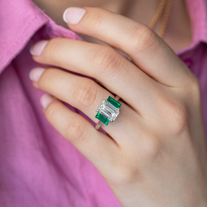 2.78ct Emerald Cut Diamond And Baguette Cut Emerald Three Stone Ring