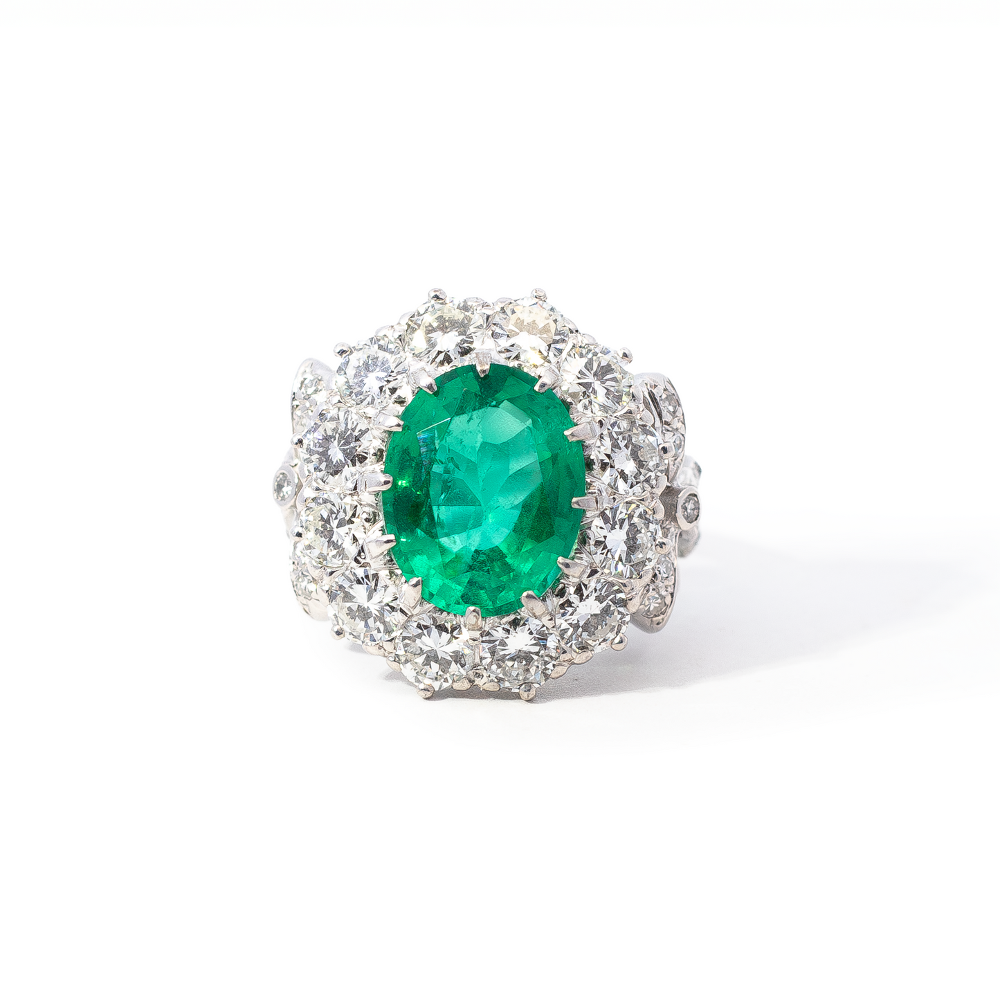 4.15ct Certified Unheated Oval Emerald And Diamond Cluster Ring