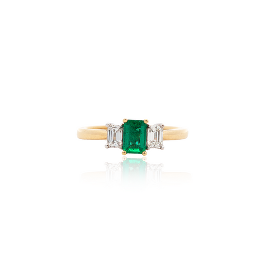 0.46ct Emerald Cut Emerald And Diamond Three Stone Ring