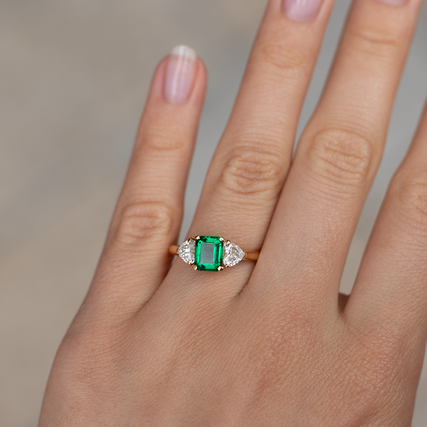 Cartier 1.03ct Certified Zambian Emerald Cut Emerald And Heart Cut Diamond Three Stone Ring