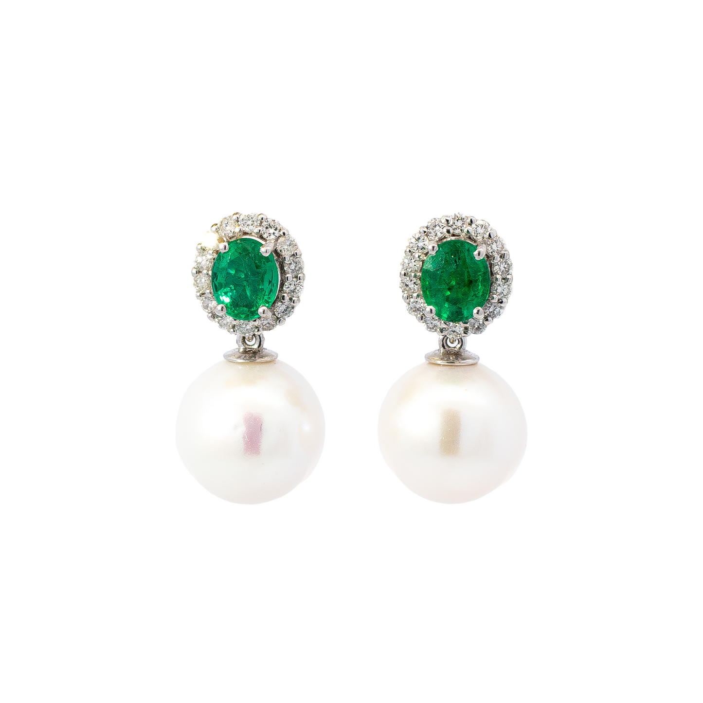 Emerald And Diamond Cluster With A Pearl Drop Earrings