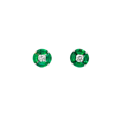 Marquise Emerald And Diamond Round Stud Earrings