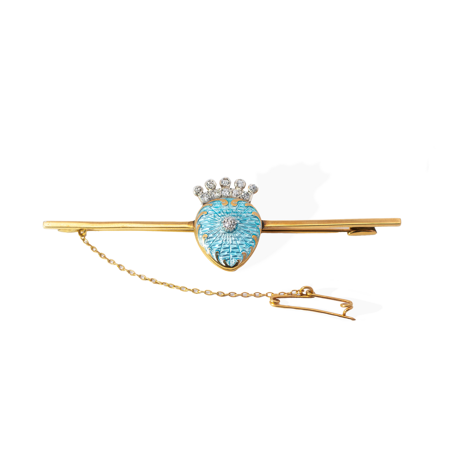 Yellow Gold Guilloché Enamel and Diamond Heart Shaped Bar Brooch