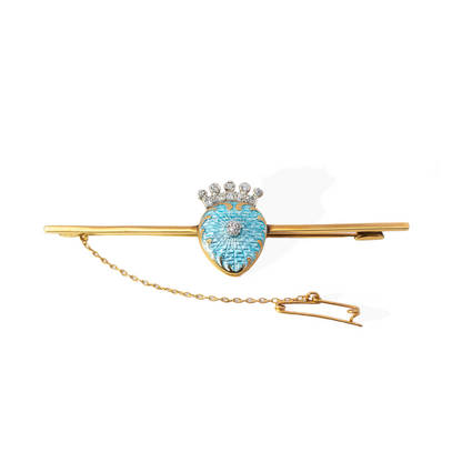 Yellow Gold Guilloché Enamel and Diamond Heart Shaped Bar Brooch