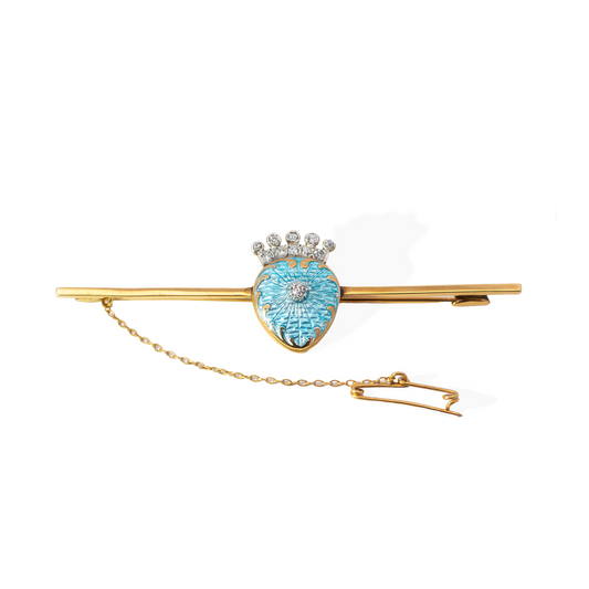 Yellow Gold Guilloché Enamel and Diamond Heart Shaped Bar Brooch