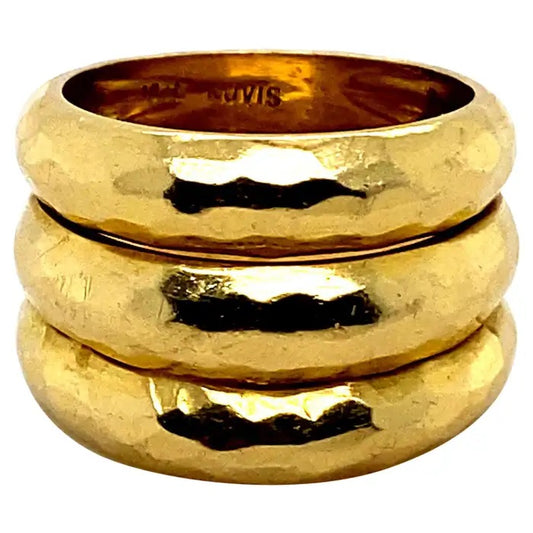 Yellow Gold Hammered Three Row Ring