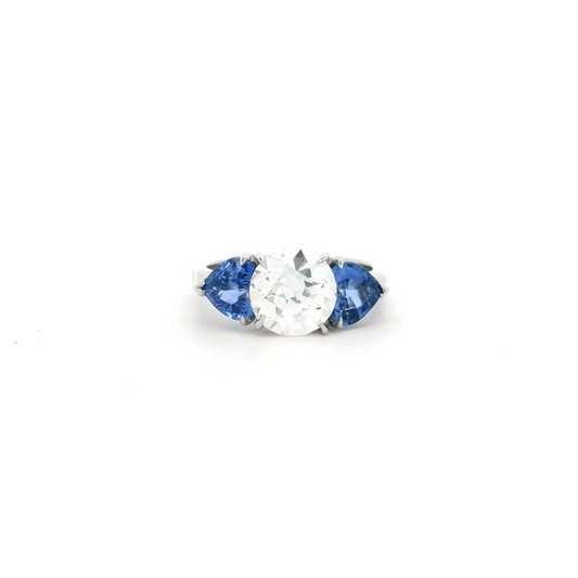 1.88ct Transitional Cut Diamond And Heart Cut Sapphire Three Stone Ring