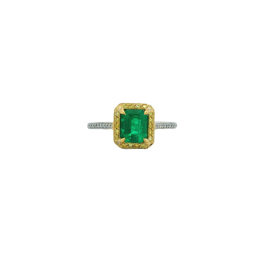 0.88ct Certified Emerald Cut Emerald And Yellow Diamond Cluster Ring