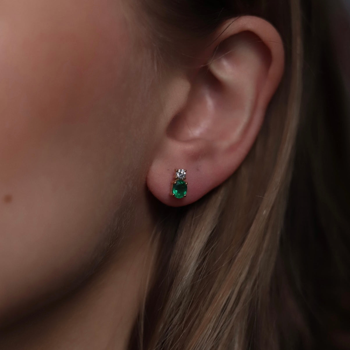 Oval Cut Emerald and Round Diamond Earrings