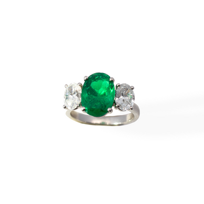 2.60ct Certified Colombian Oval Cut Emerald And Oval Diamond Three Stone Ring