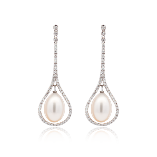 Pear Pearl in Diamond Frame Drop Earrings