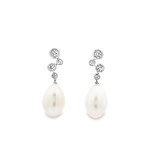0.33ct Bubble Diamond And Pear Shape Pearl Drop Earrings
