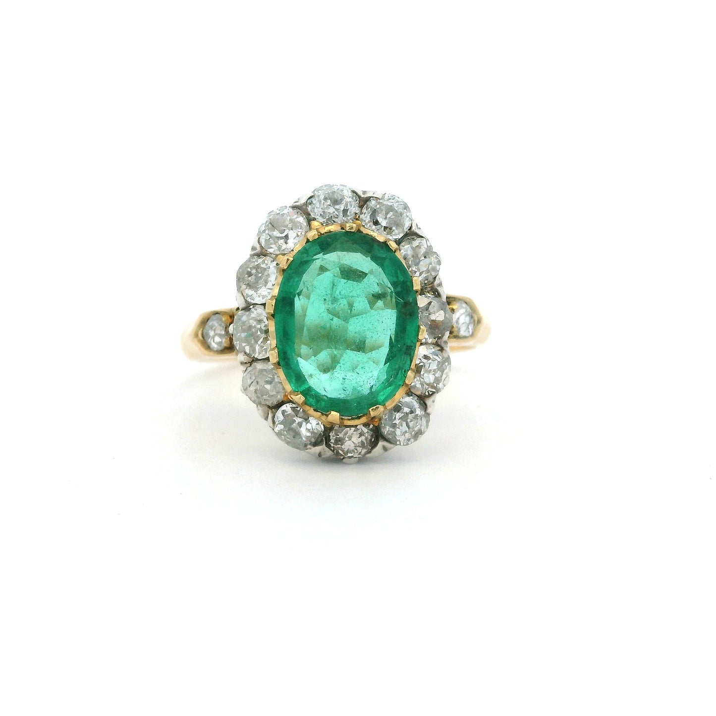 1.26ct Oval Emerald And Old Cut Diamond Cluster Ring