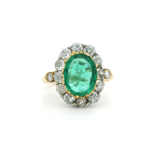 1.26ct Oval Emerald And Old Cut Diamond Cluster Ring