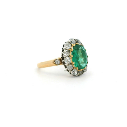 1.26ct Oval Emerald And Old Cut Diamond Cluster Ring