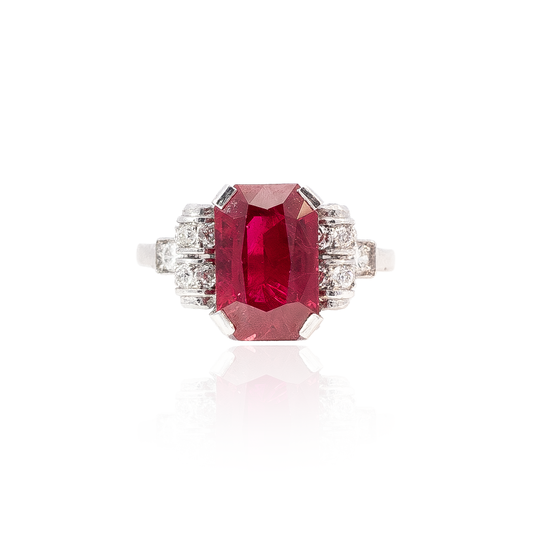 3.30ct Emerald Cut Burmese Ruby and Diamond Ring
