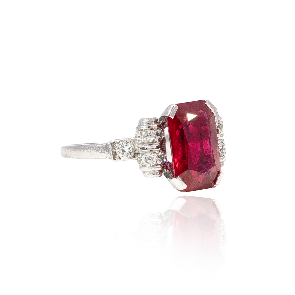 3.30ct Emerald Cut Burmese Ruby and Diamond Ring