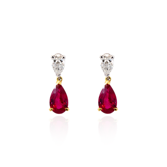1.82ct Pear On Pear Ruby and Diamond Drop Earrings