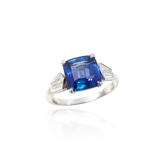 4.12ct Cushion Cut Sapphire and Round Diamond Three Stone Ring