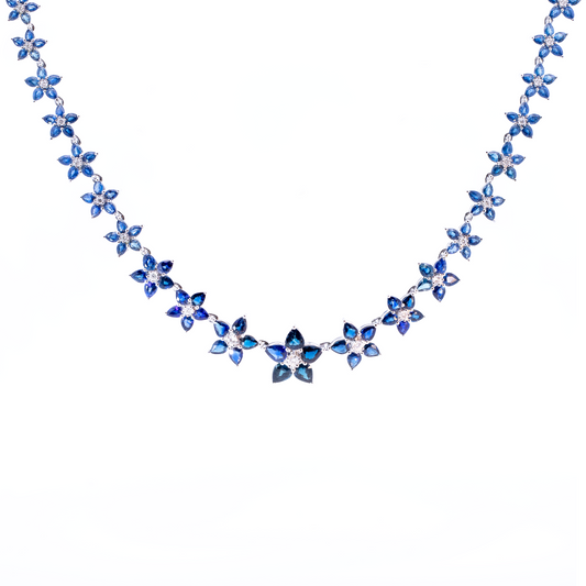 35.40ct Pear Cut Sapphire And Round Diamond Graduated Flowers Necklace