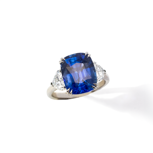 7.64ct Certified Cushion Sapphire And Heart Cut Diamond Three Stone Ring
