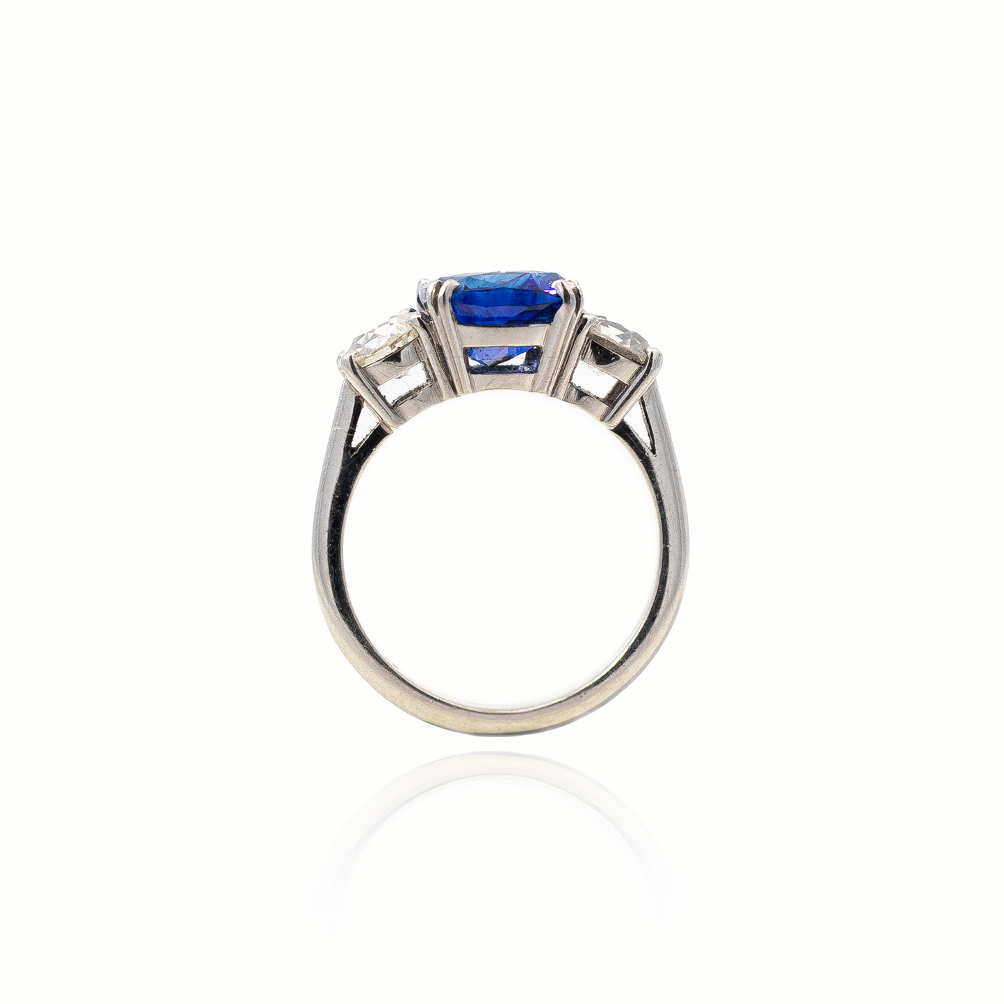 4.12ct Cushion Cut Sapphire and Round Diamond Three Stone Ring