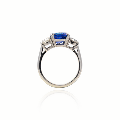 4.12ct Cushion Cut Sapphire and Round Diamond Three Stone Ring