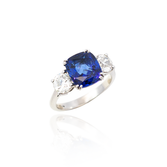 4.12ct Cushion Cut Sapphire and Round Diamond Three Stone Ring
