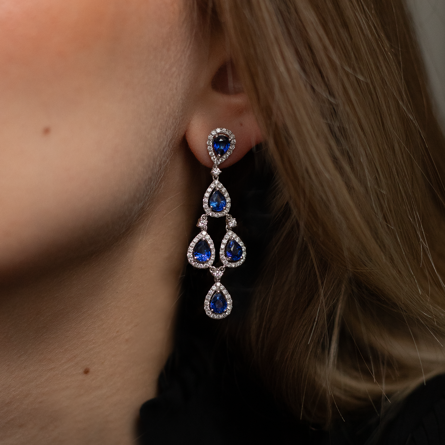 6.08ct Pear Cut Sapphire and Diamond Fancy Drop Earrings