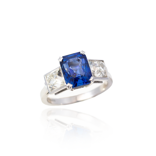 4.12ct Emerald Cut Sapphire And French Cut Diamond Three Stone Ring