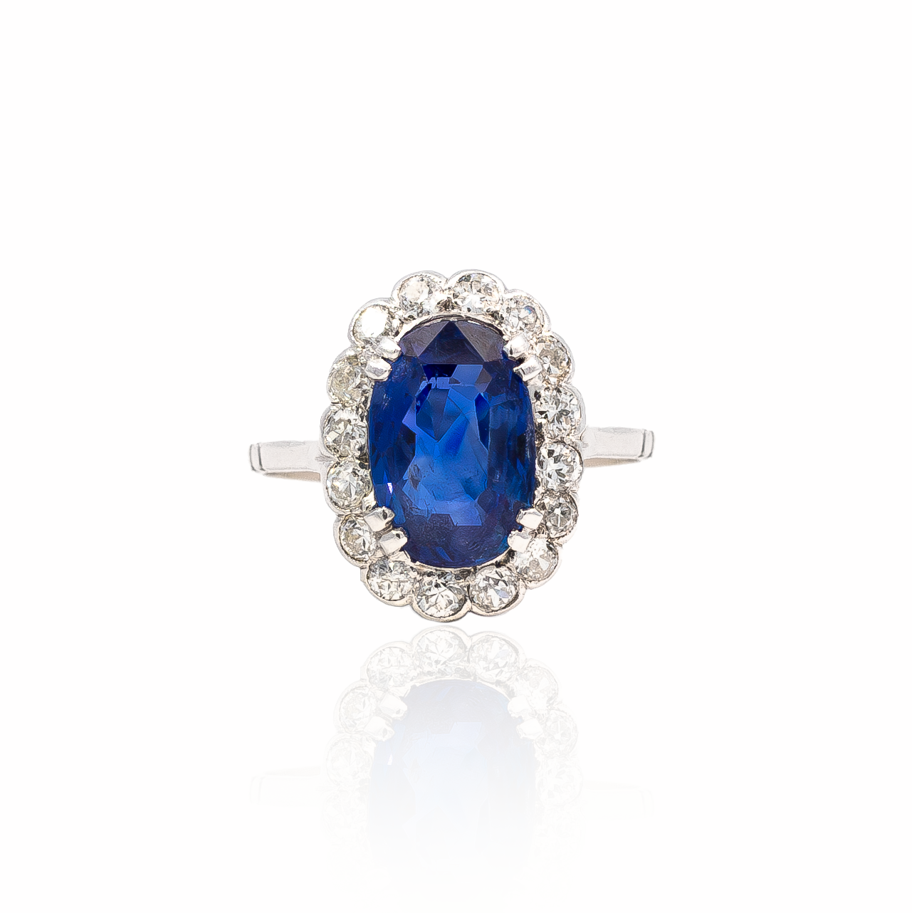Certified Unheated 3.29ct Oval Cut Ceylon Sapphire and Diamond Cluster Ring