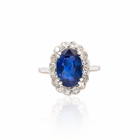 Certified Unheated 3.29ct Oval Cut Ceylon Sapphire and Diamond Cluster Ring