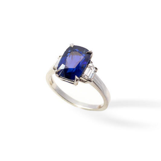 Certified Unheated 4.02ct Cushion Cut Burmese Sapphire And Diamond Three Stone Ring