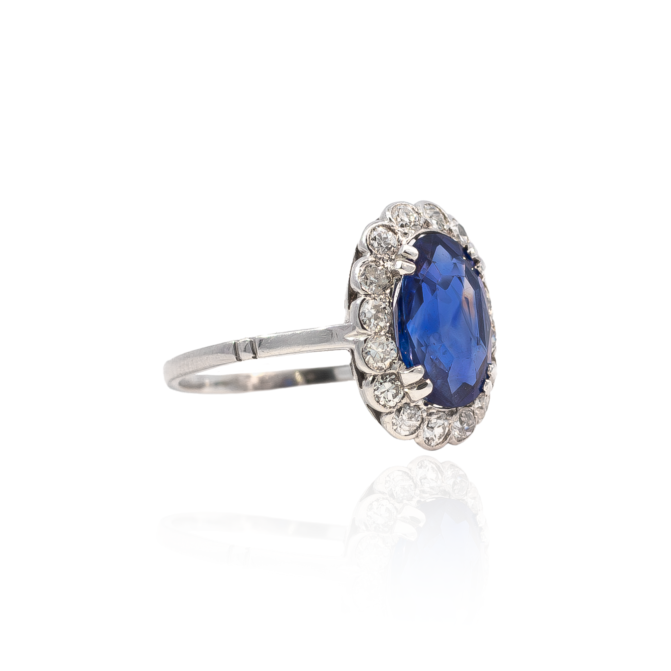 Certified Unheated 3.29ct Oval Cut Ceylon Sapphire and Diamond Cluster Ring