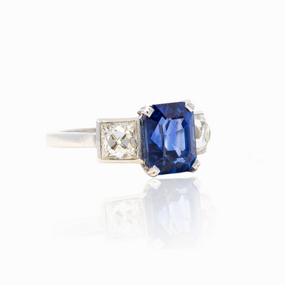4.12ct Emerald Cut Sapphire And French Cut Diamond Three Stone Ring