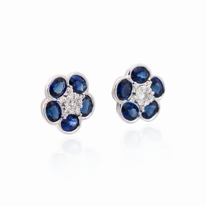 Oval Sapphire And Round Diamond Flower Cluster Stud Earrings