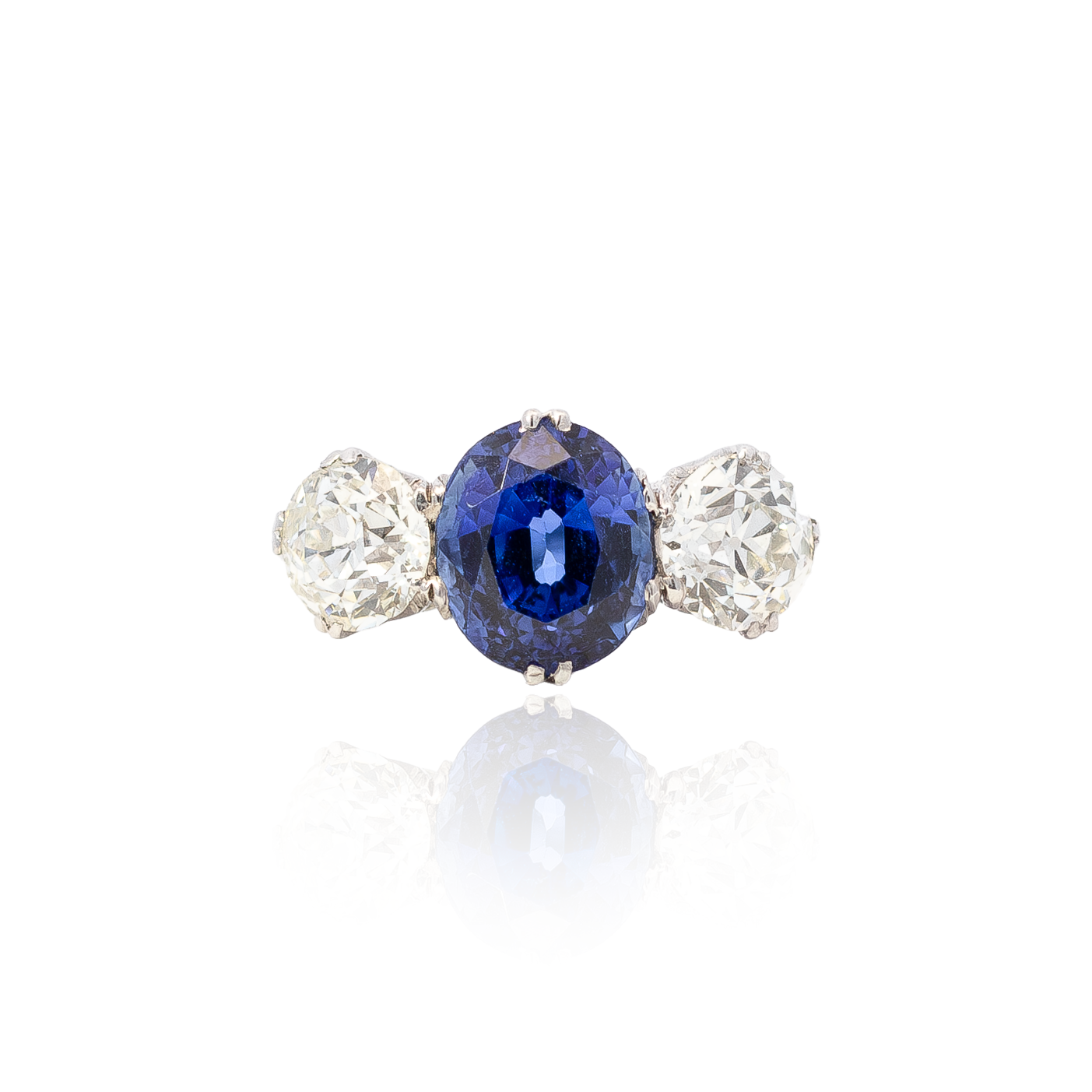 3.65ct Oval Sapphire and Round Diamond Three Stone Ring