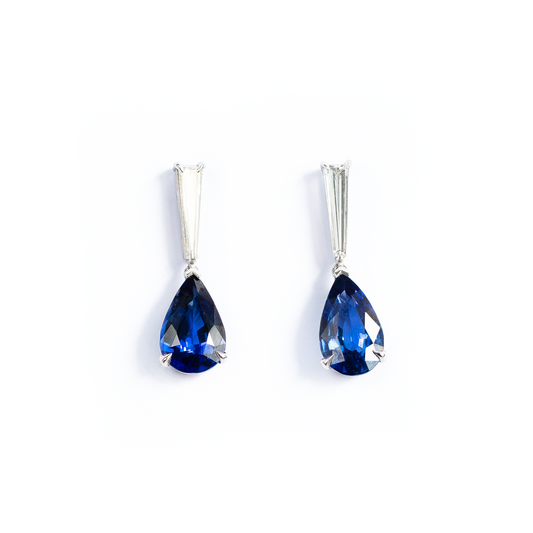 4.68ct Pear Cut Sapphire and Tapered Baguette Cut Diamond Drop Earrings