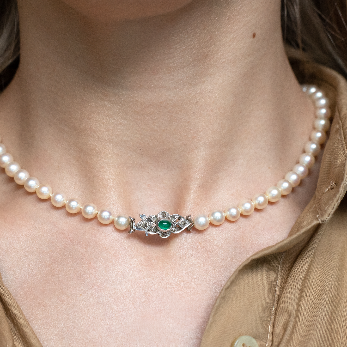 Emerald and Diamond Art Deco Pearl String Necklace