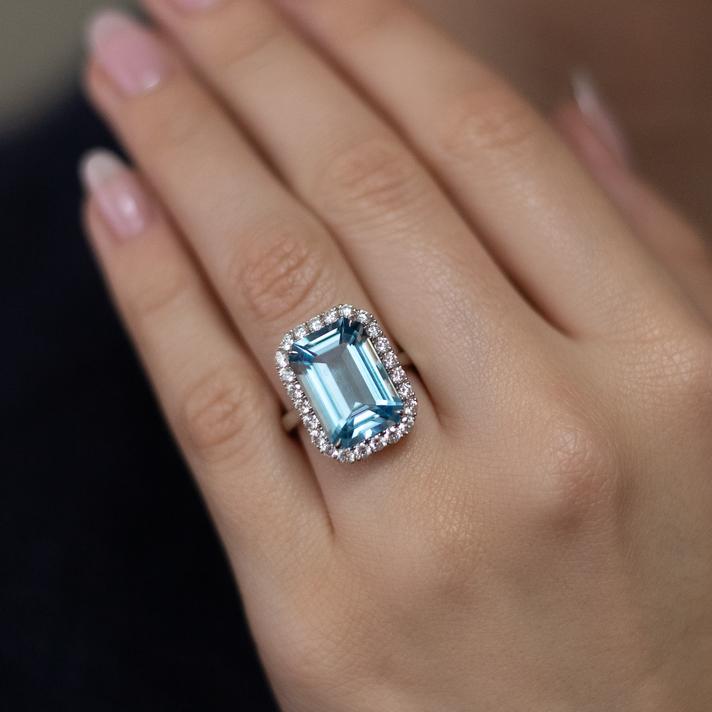 6.26ct Emerald Cut Aquamarine And Diamond Cluster Ring