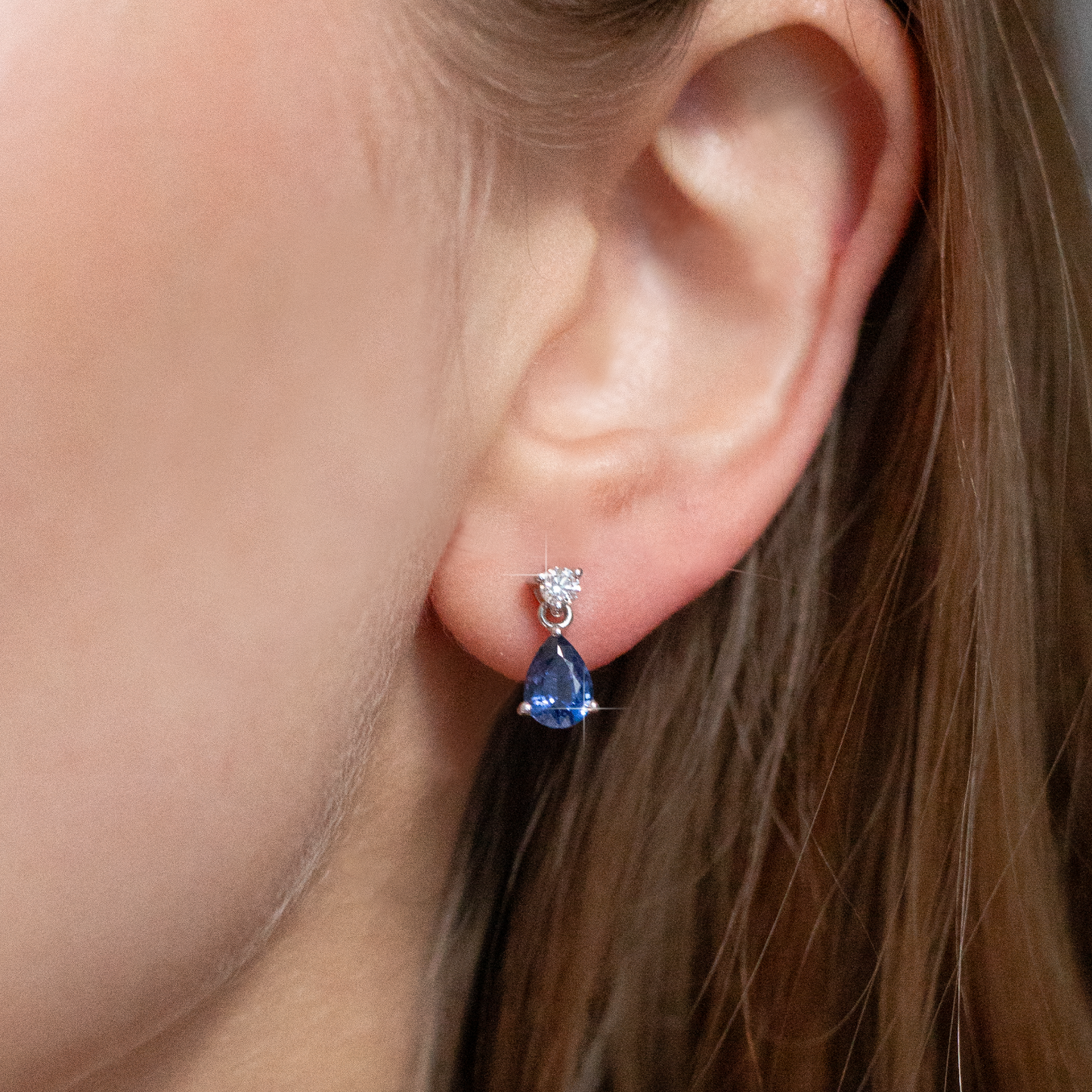 1.55ct Pear Sapphire And Round Diamond Drop Earrings