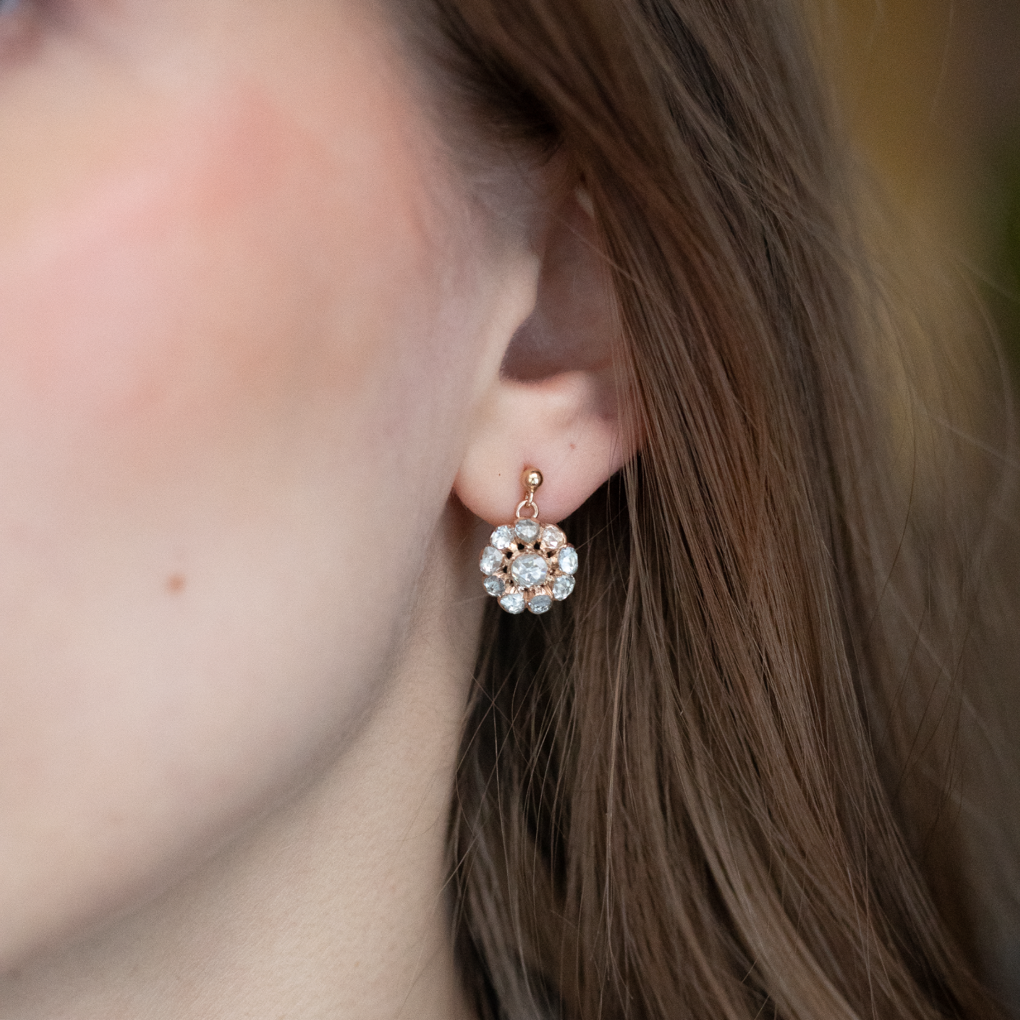 Rose Cut Diamond Flower Cluster Drop Earrings