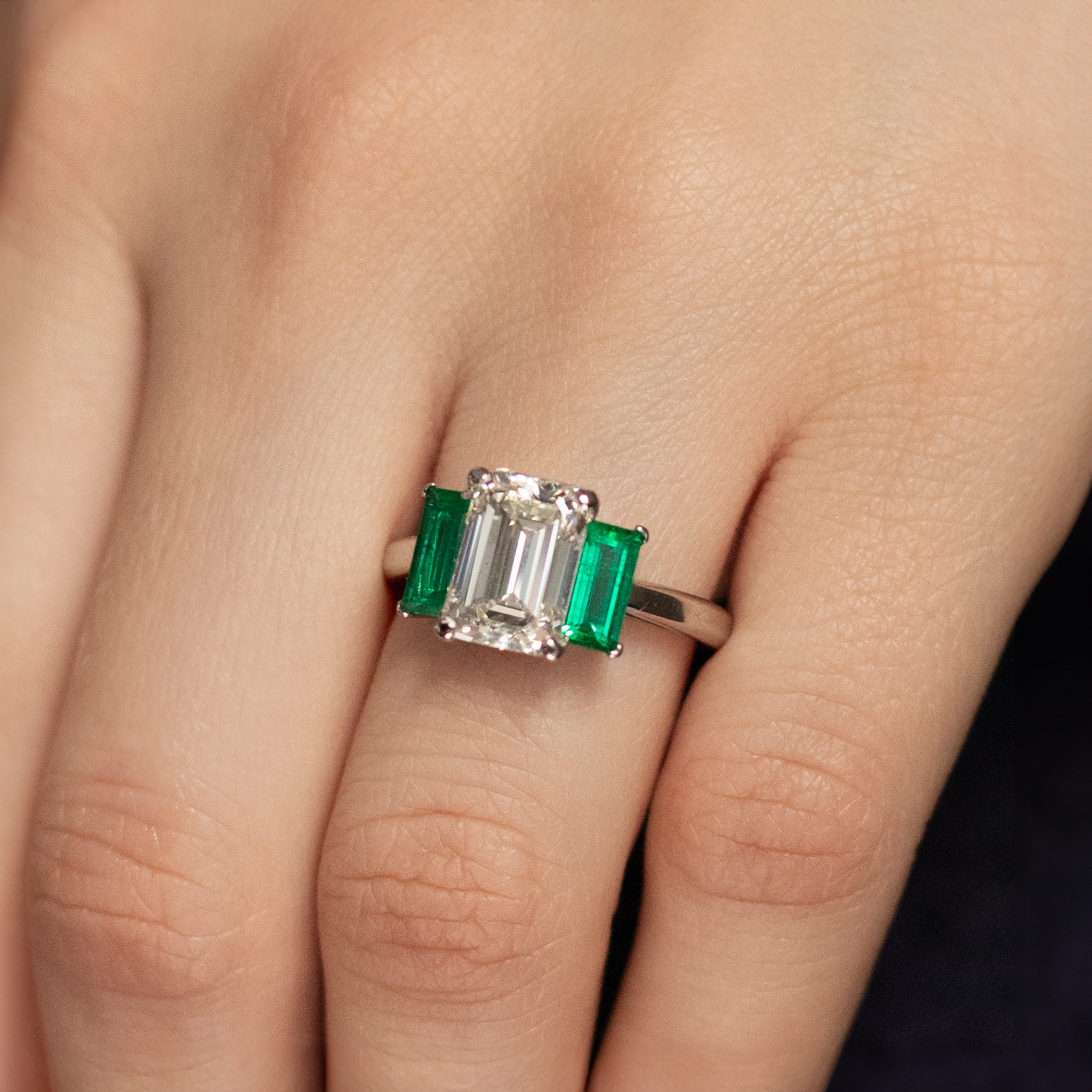 2.78ct Emerald Cut Diamond And Baguette Cut Emerald Three Stone Ring