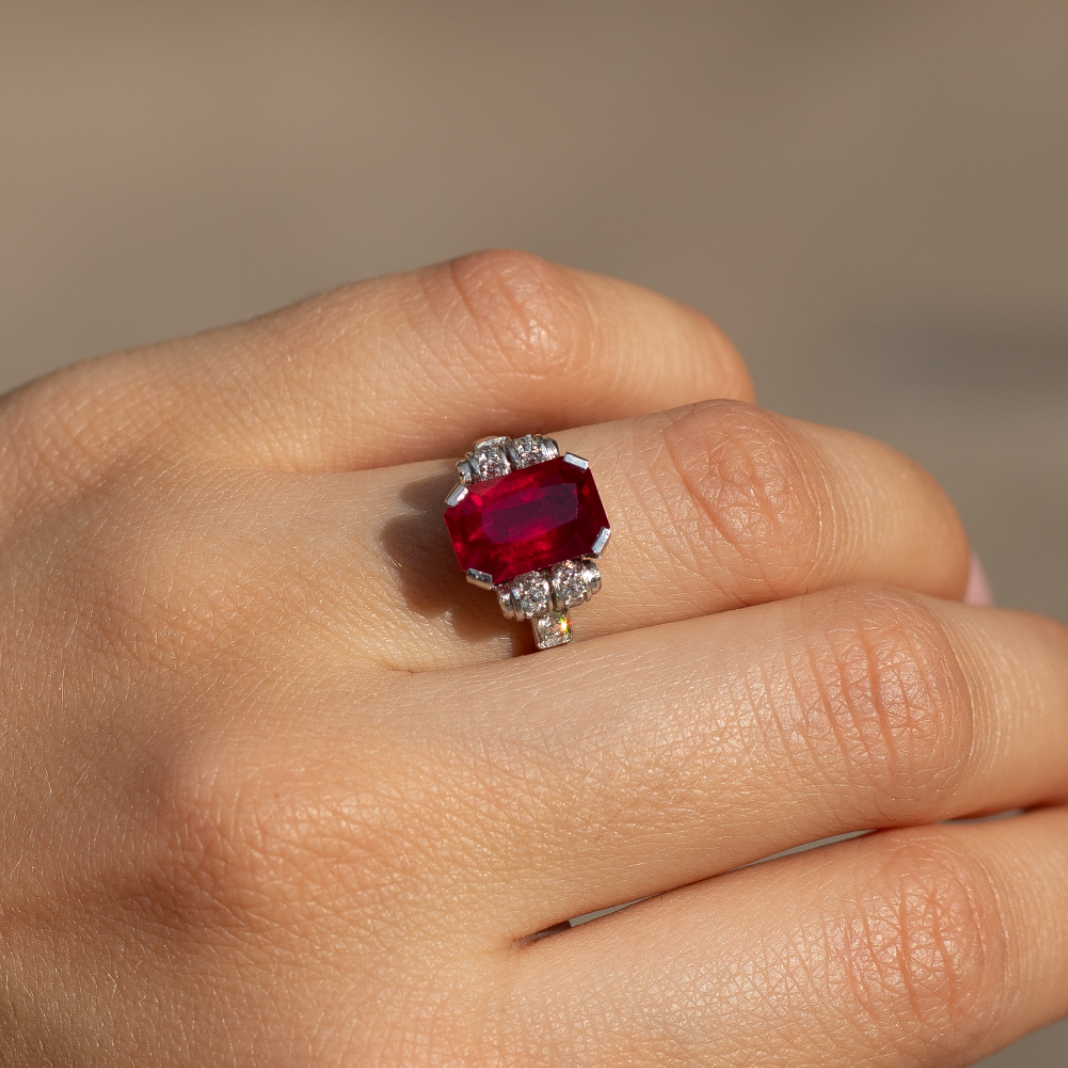 3.30ct Emerald Cut Burmese Ruby and Diamond Ring