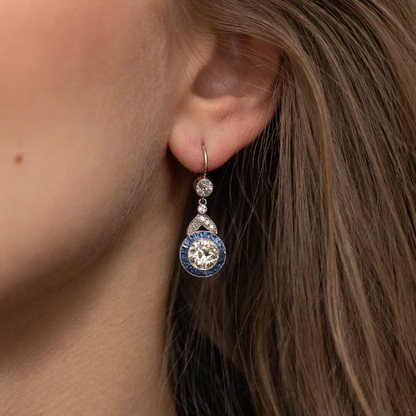 3.50ct Old Cut Diamond And Sapphire Cluster Drop Earrings