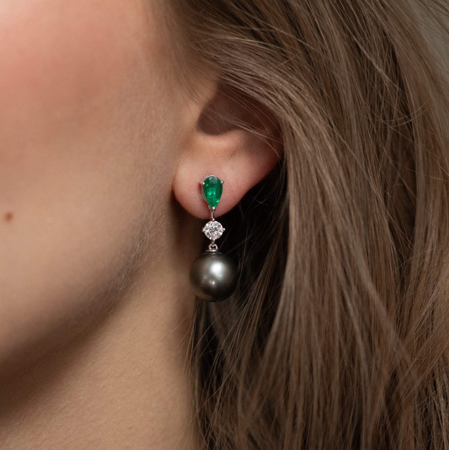 Emerald, Diamond And Tahitian Pearl Drop Earrings