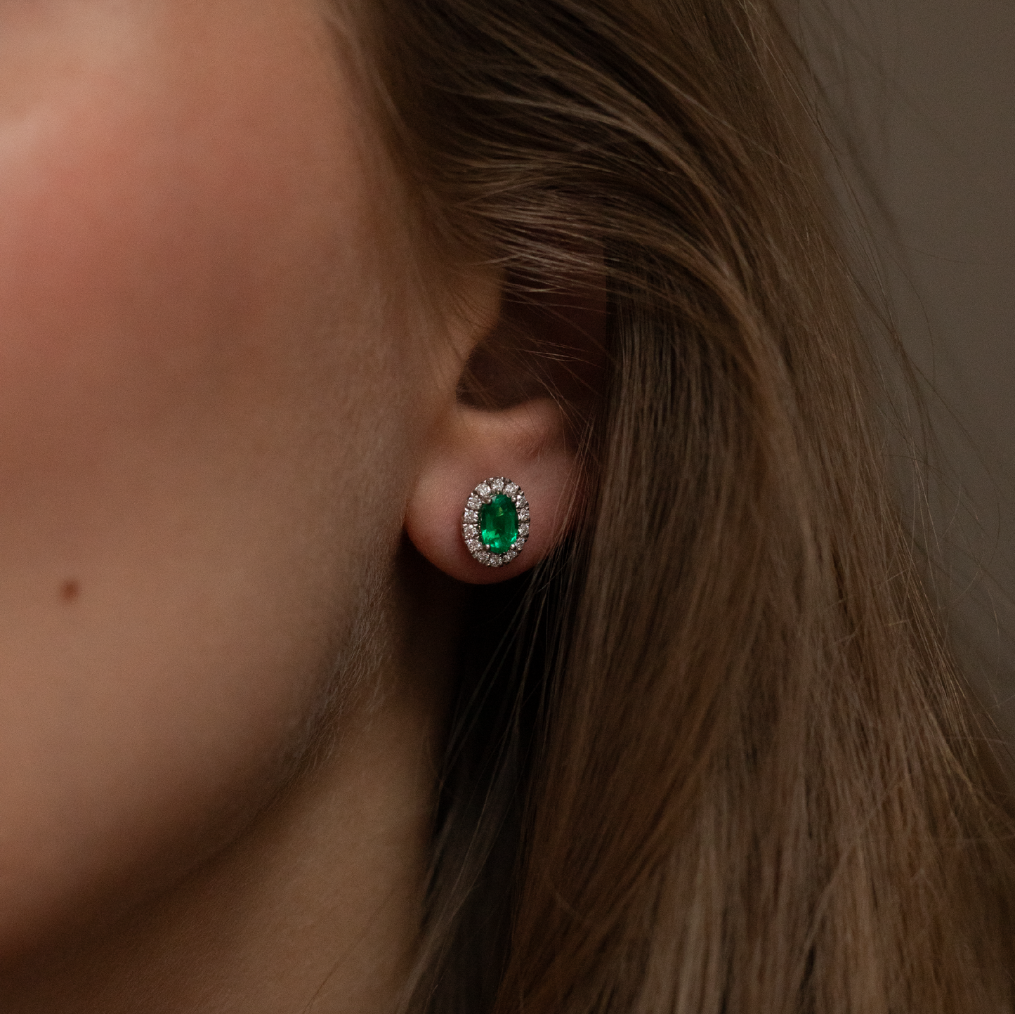0.92ct Oval Emerald And Diamond Cluster Stud Earrings